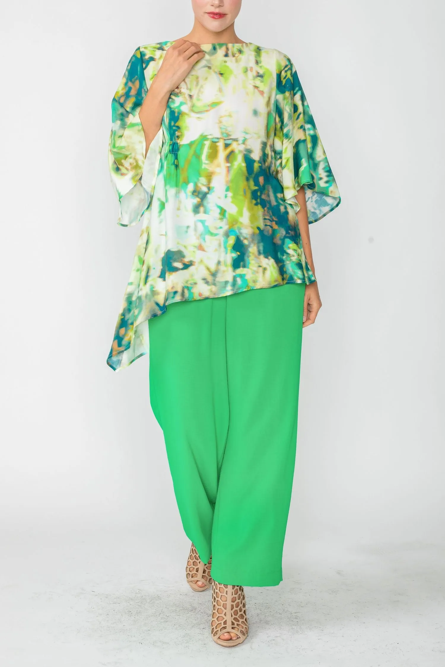 Green Asymmetrical Tunic Top W/ Cinch