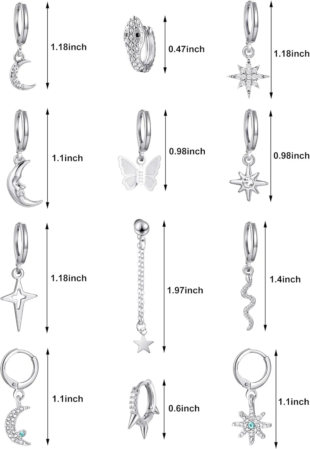 Hicarer 12 Pairs Dangle Hoop Earrings Aesthetic Huggie Earrings with Charms Small Drop Pendant Hoop Jewelry for Women