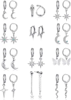 Hicarer 12 Pairs Dangle Hoop Earrings Aesthetic Huggie Earrings with Charms Small Drop Pendant Hoop Jewelry for Women