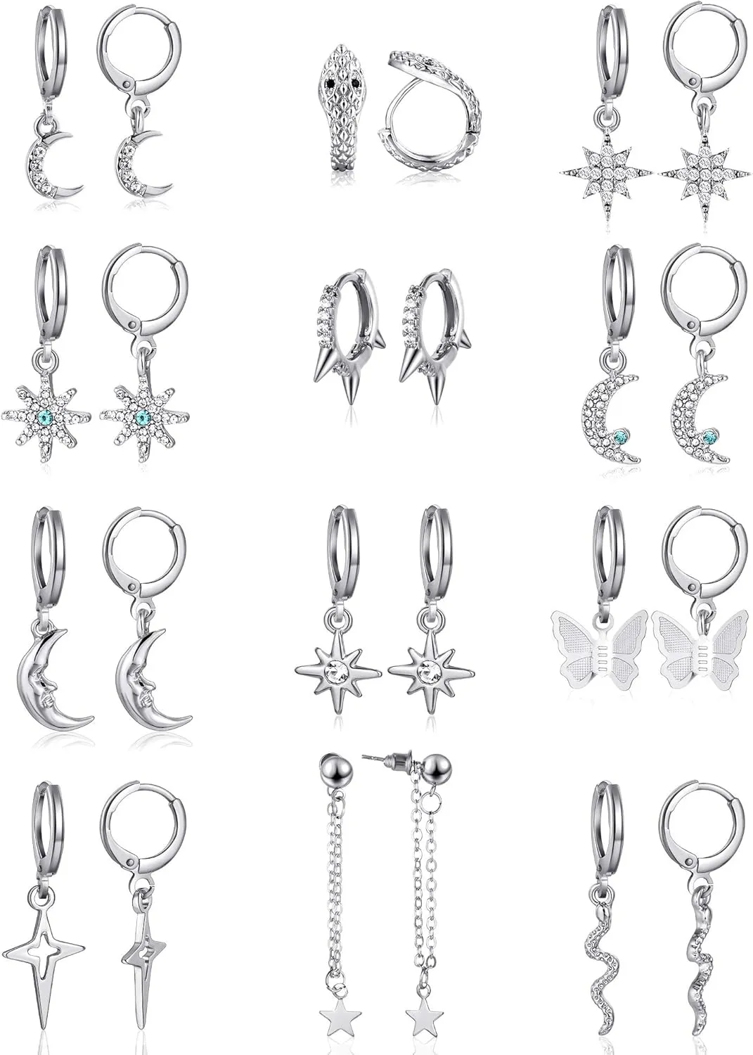 Hicarer 12 Pairs Dangle Hoop Earrings Aesthetic Huggie Earrings with Charms Small Drop Pendant Hoop Jewelry for Women