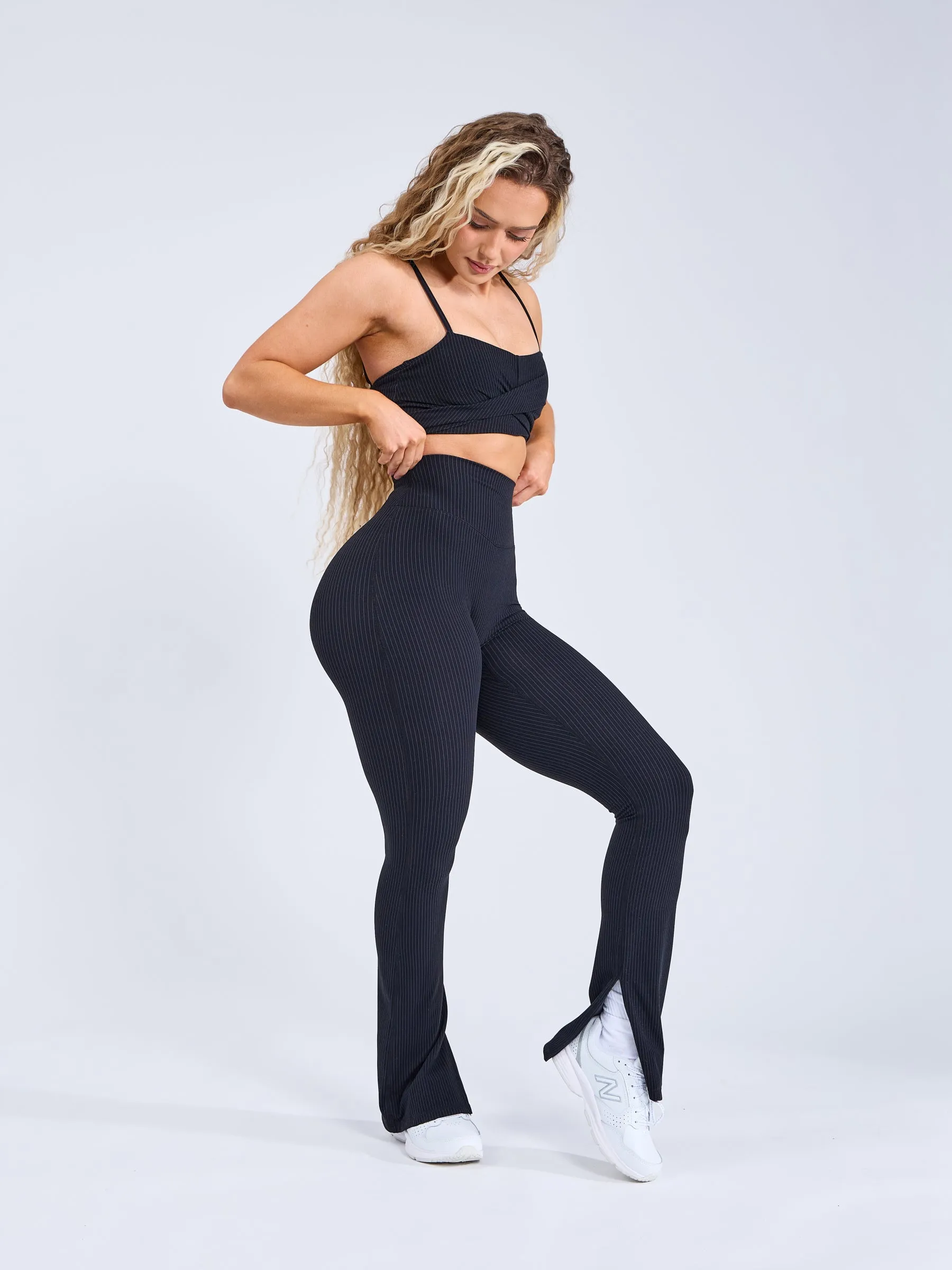 Womens Ivy Wrap Sports Bra - Stylish Black Pinstripe Design for Comfort and Support