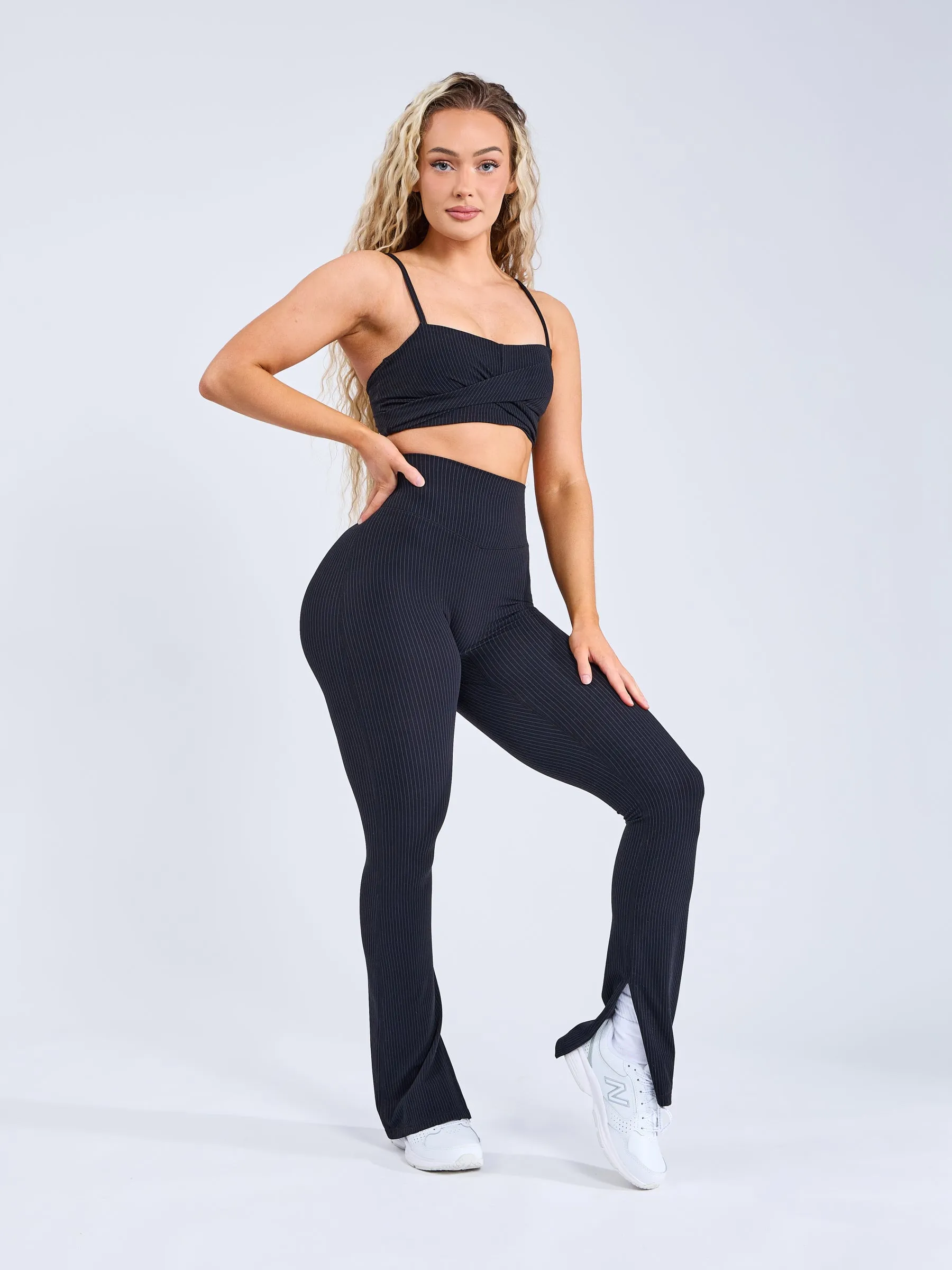 Womens Ivy Wrap Sports Bra - Stylish Black Pinstripe Design for Comfort and Support