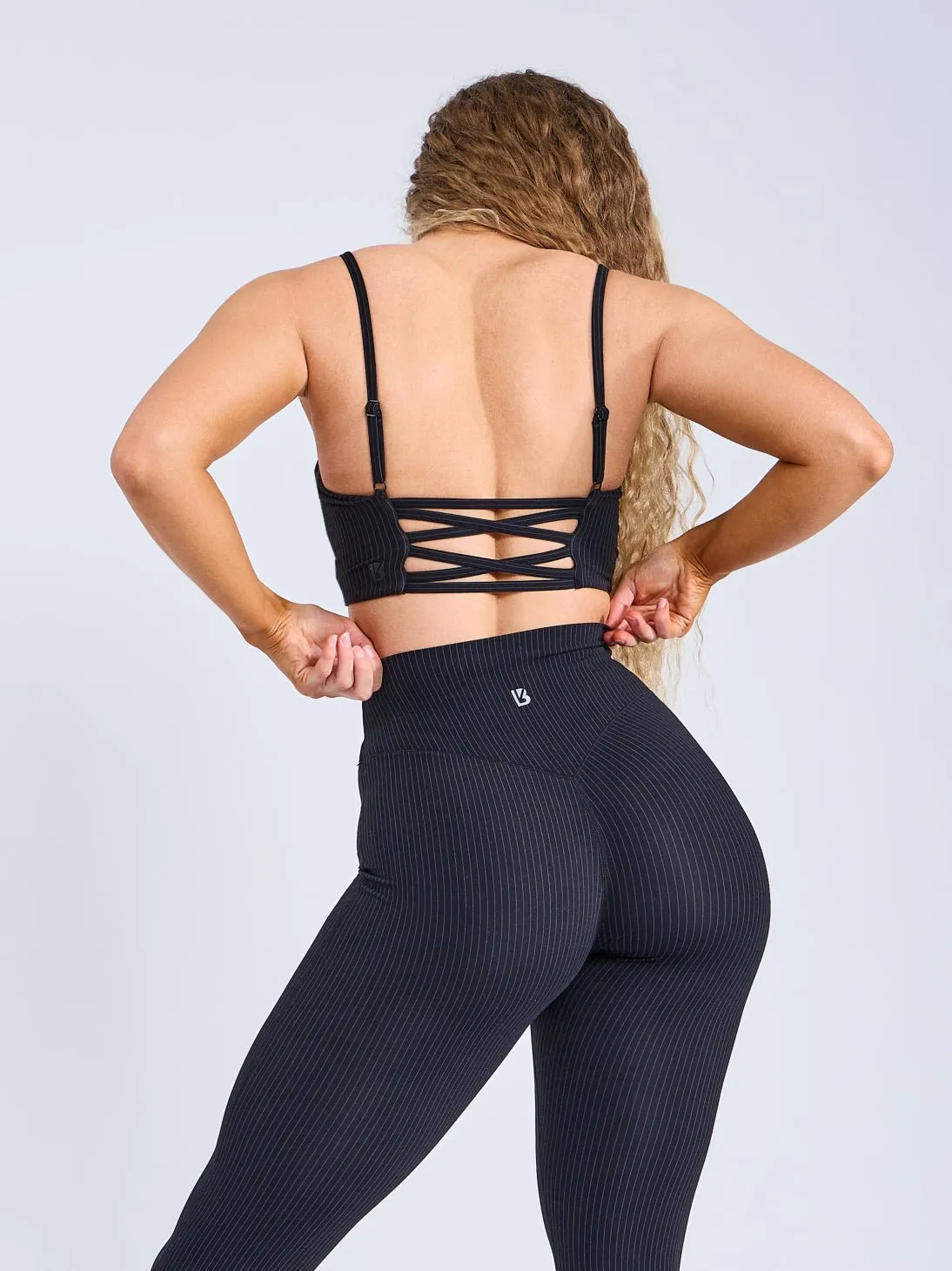 Womens Ivy Wrap Sports Bra - Stylish Black Pinstripe Design for Comfort and Support