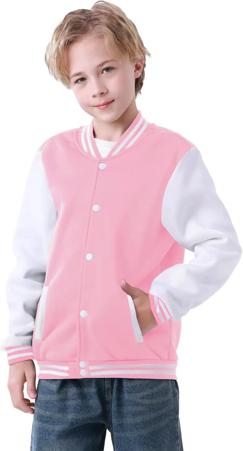 Kids Baseball Jacket Varsity Style Casual Fit Sport Boys Girls Team Uniforms Cardigan Sweatshirt