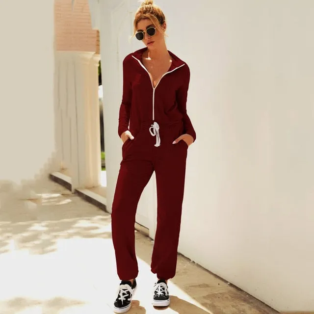 Lossky Autumn Winter Jumpsuit Zipper Womens Long Sleeve Rompers Solid Casual Long Pants Slim Jumpsuit Ladies Sets Leisure