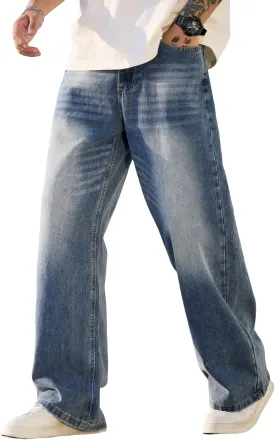 Men's Baggy Jeans Y2K Vintage Wide Leg Denim Pants Hip Hop Skater Jeans Loose Fit Trousers 2000s Streetwear