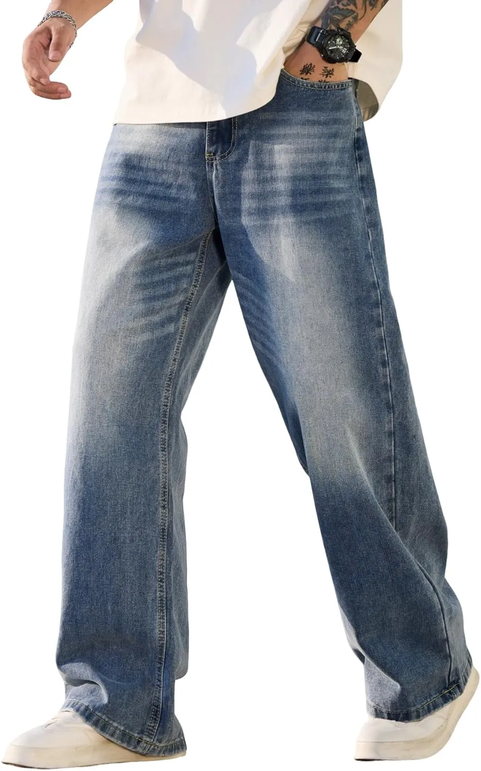 Men's Baggy Jeans Y2K Vintage Wide Leg Denim Pants Hip Hop Skater Jeans Loose Fit Trousers 2000s Streetwear