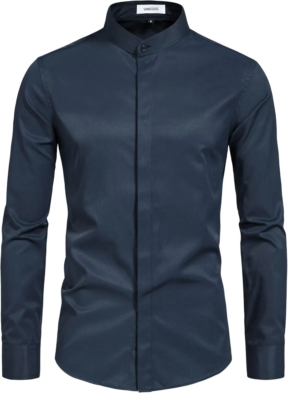 Mens Banded Collar(Mandarin Collar) Long Sleeve Casual Solid Fancy Dress Shirts