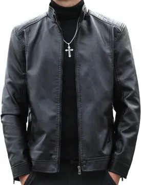 Mens Casual Stand Collar Faux Leather Jacket Biker Motorcycle Jackets