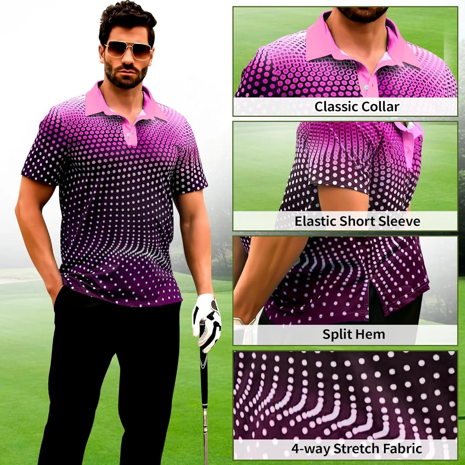 Men's Golf Shirts Polo Short Sleeve Gradient Quick Dry Fit Moisture Wicking Athletic Printed Shirts Mens Polo Shirt