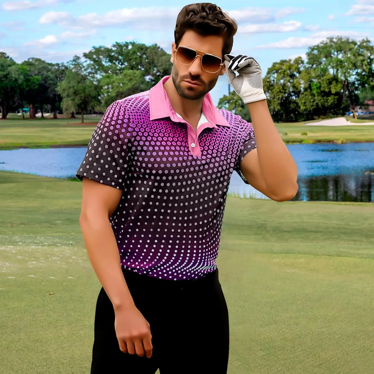 Men's Golf Shirts Polo Short Sleeve Gradient Quick Dry Fit Moisture Wicking Athletic Printed Shirts Mens Polo Shirt