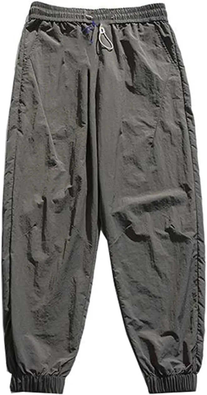 Men's Pant Casual Summer Ice Silk Loose Japanese-Style Cropped Sports Drawstring Trouser for Men