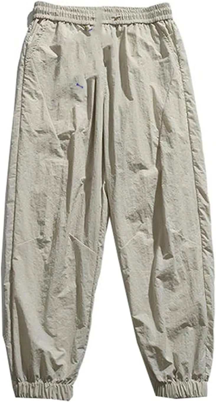 Men's Pant Casual Summer Ice Silk Loose Japanese-Style Cropped Sports Drawstring Trouser for Men