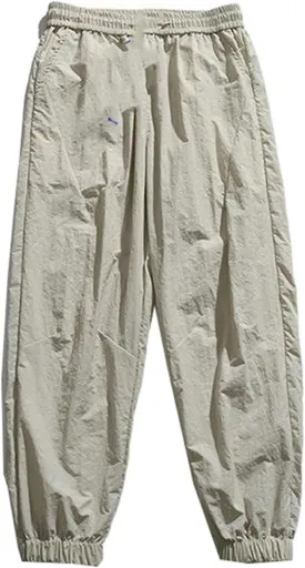 Men's Pant Casual Summer Ice Silk Loose Japanese-Style Cropped Sports Drawstring Trouser for Men