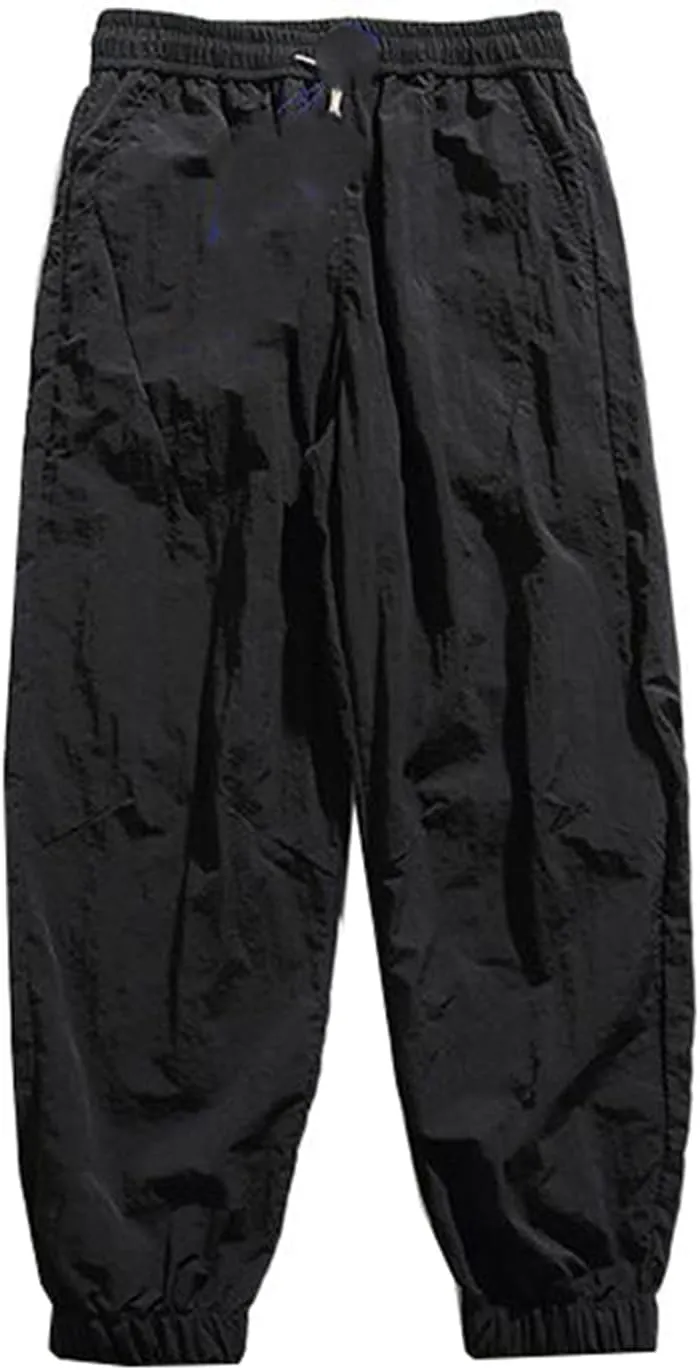 Men's Pant Casual Summer Ice Silk Loose Japanese-Style Cropped Sports Drawstring Trouser for Men