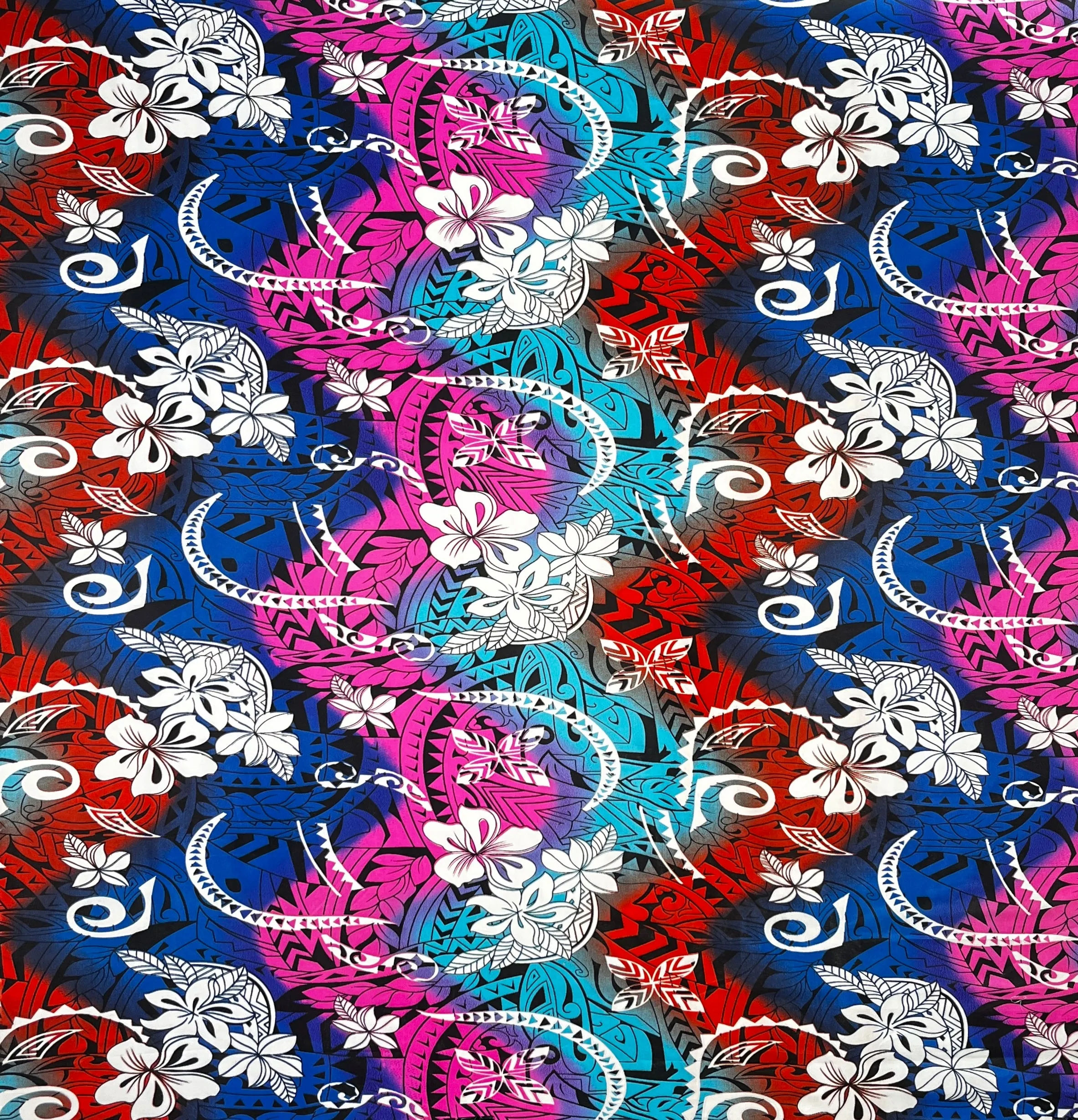 Multicolored Traditional Tattoo & Plumeria design Fabric  | Polyester
