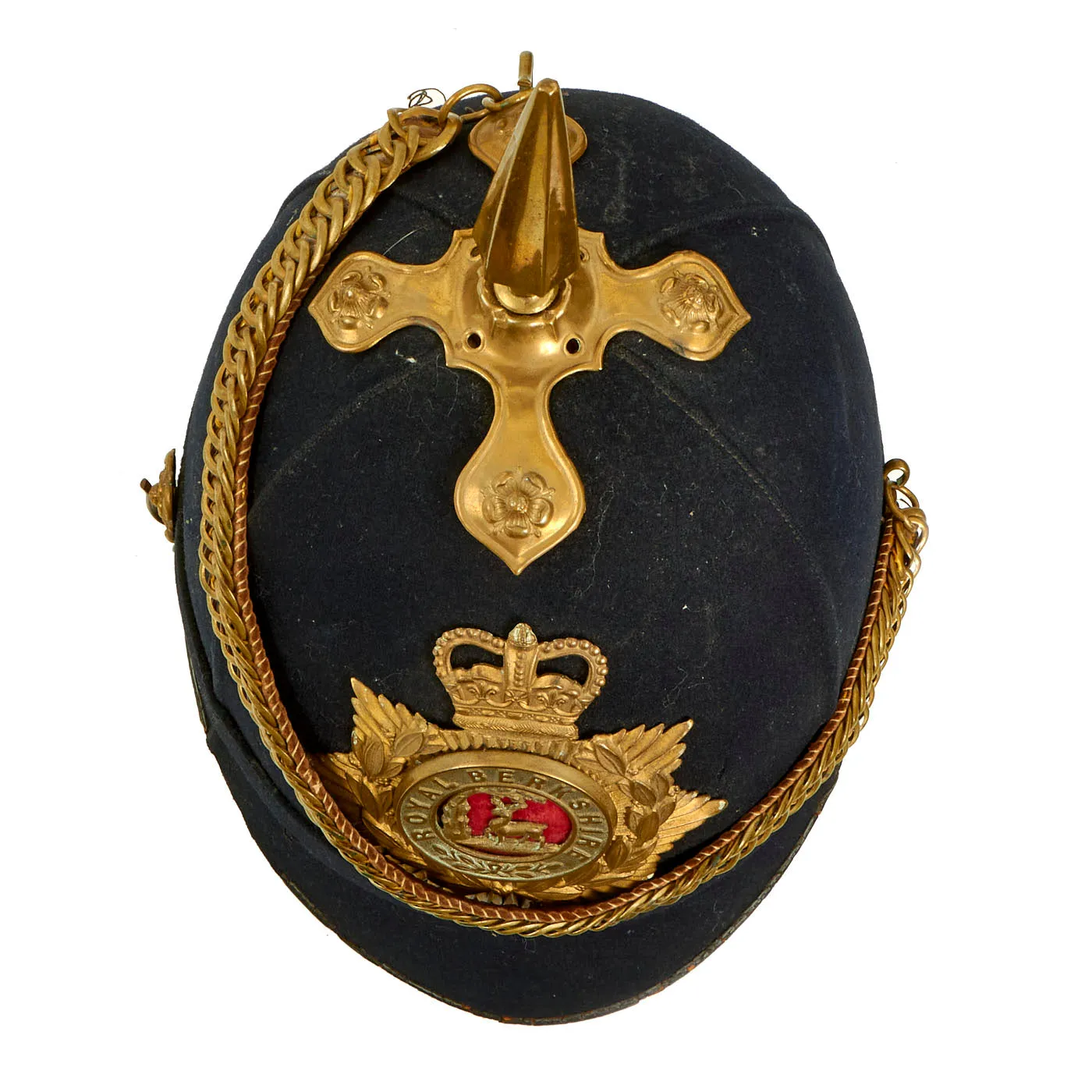 Original British Pre-WWI British Army Royal Berkshire Regiment Officer Blue Cloth Dress Spike Helmet - Marked Property of The Aldershot Tattoo