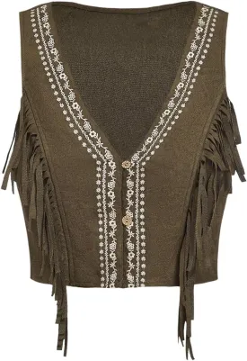 OYOANGLE Women's Button Front Fringe Cowgirl Vest Embroidered V Neck Sleeveless Crop Jackets