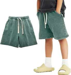 PEHMEA Boys Girls Cotton Shorts, Athletic Casual Jogger Loose Fit Kids Short with Pockets Elastic Waist Drawstring for 5-14Y