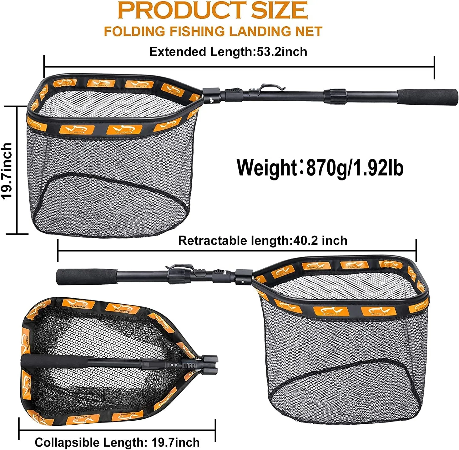 PLUSINNO Floating Fishing Net for Steelhead, Salmon, Fly, Kayak, Catfish, Bass, Trout Fishing, Rubber Coated Landing Net for Easy Catch & Release, Compact & Foldable for Easy Transportation & Storage
