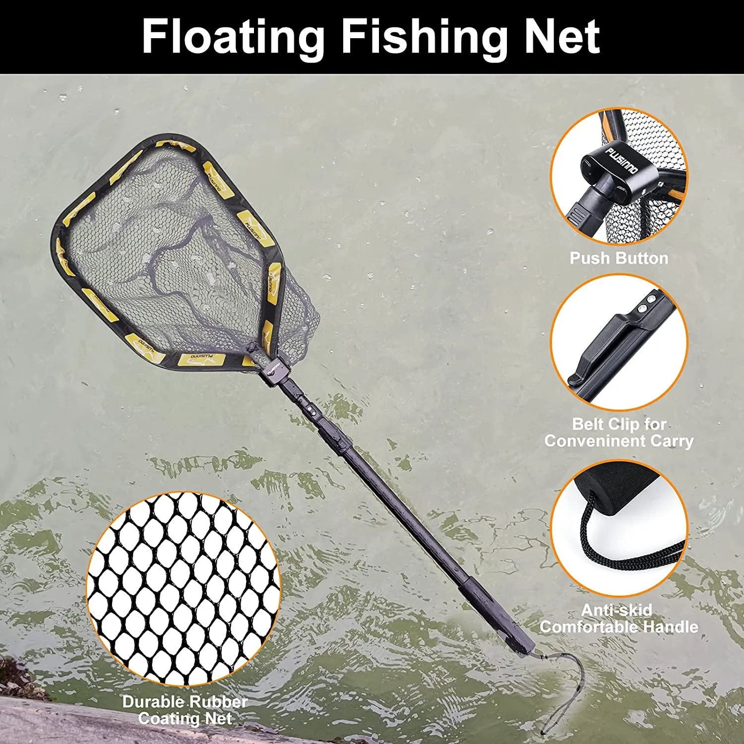PLUSINNO Floating Fishing Net for Steelhead, Salmon, Fly, Kayak, Catfish, Bass, Trout Fishing, Rubber Coated Landing Net for Easy Catch & Release, Compact & Foldable for Easy Transportation & Storage