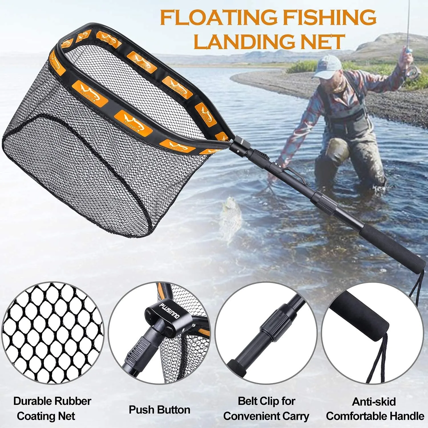 PLUSINNO Floating Fishing Net for Steelhead, Salmon, Fly, Kayak, Catfish, Bass, Trout Fishing, Rubber Coated Landing Net for Easy Catch & Release, Compact & Foldable for Easy Transportation & Storage