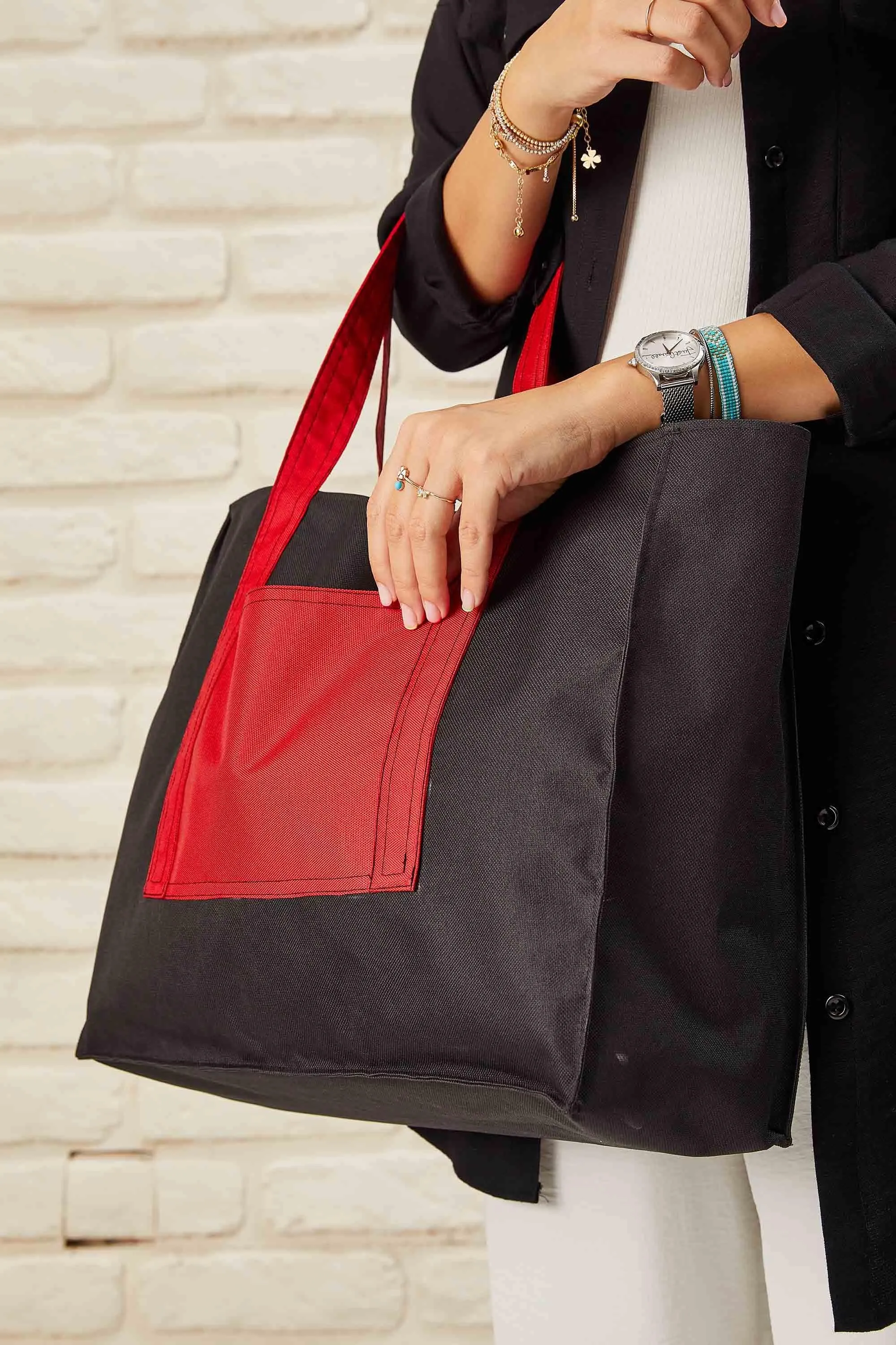 Polyamide Canvas Hand Shoulder Daily Tote Bag with Front Pocket Shopping Bag,C-11