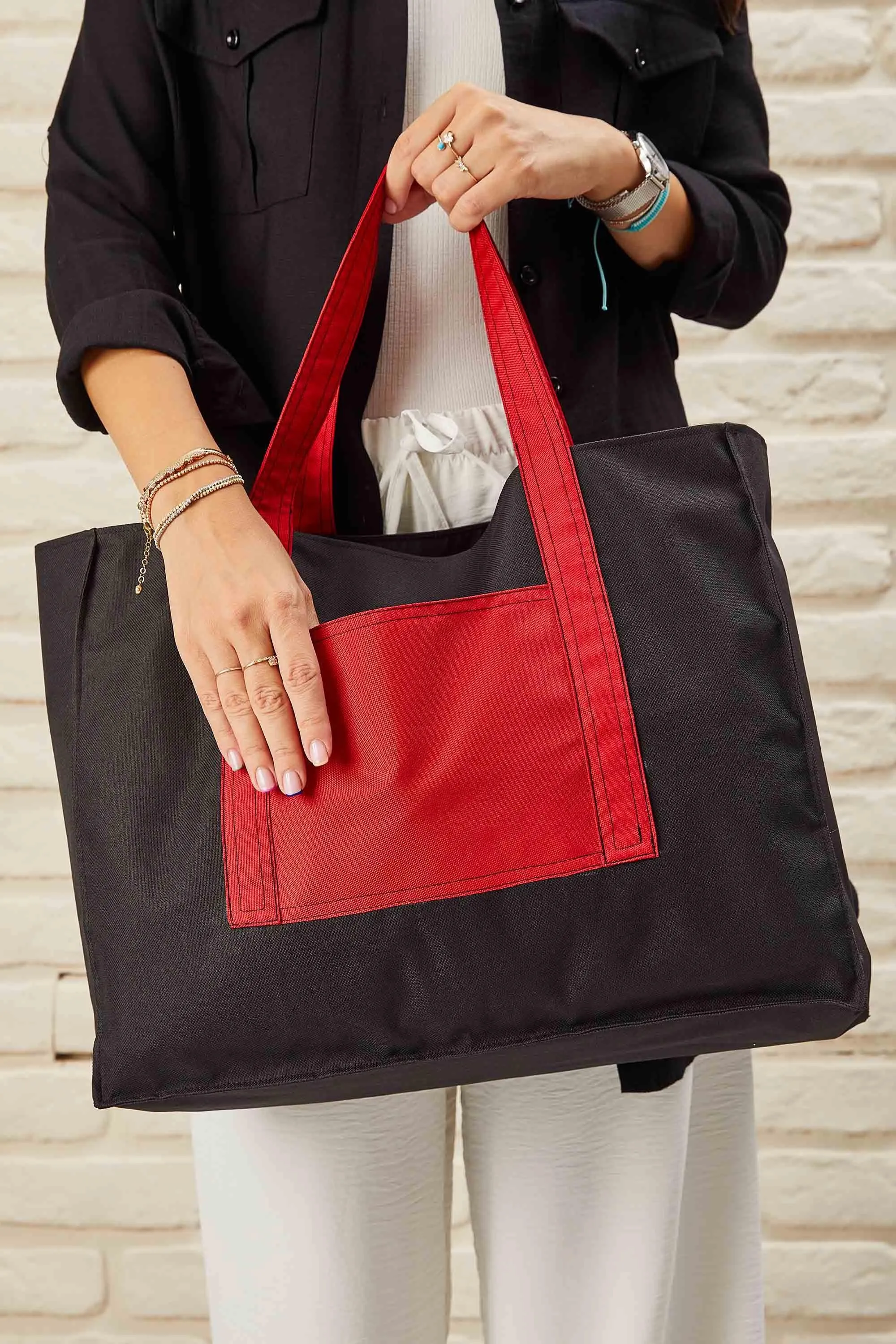 Polyamide Canvas Hand Shoulder Daily Tote Bag with Front Pocket Shopping Bag,C-11