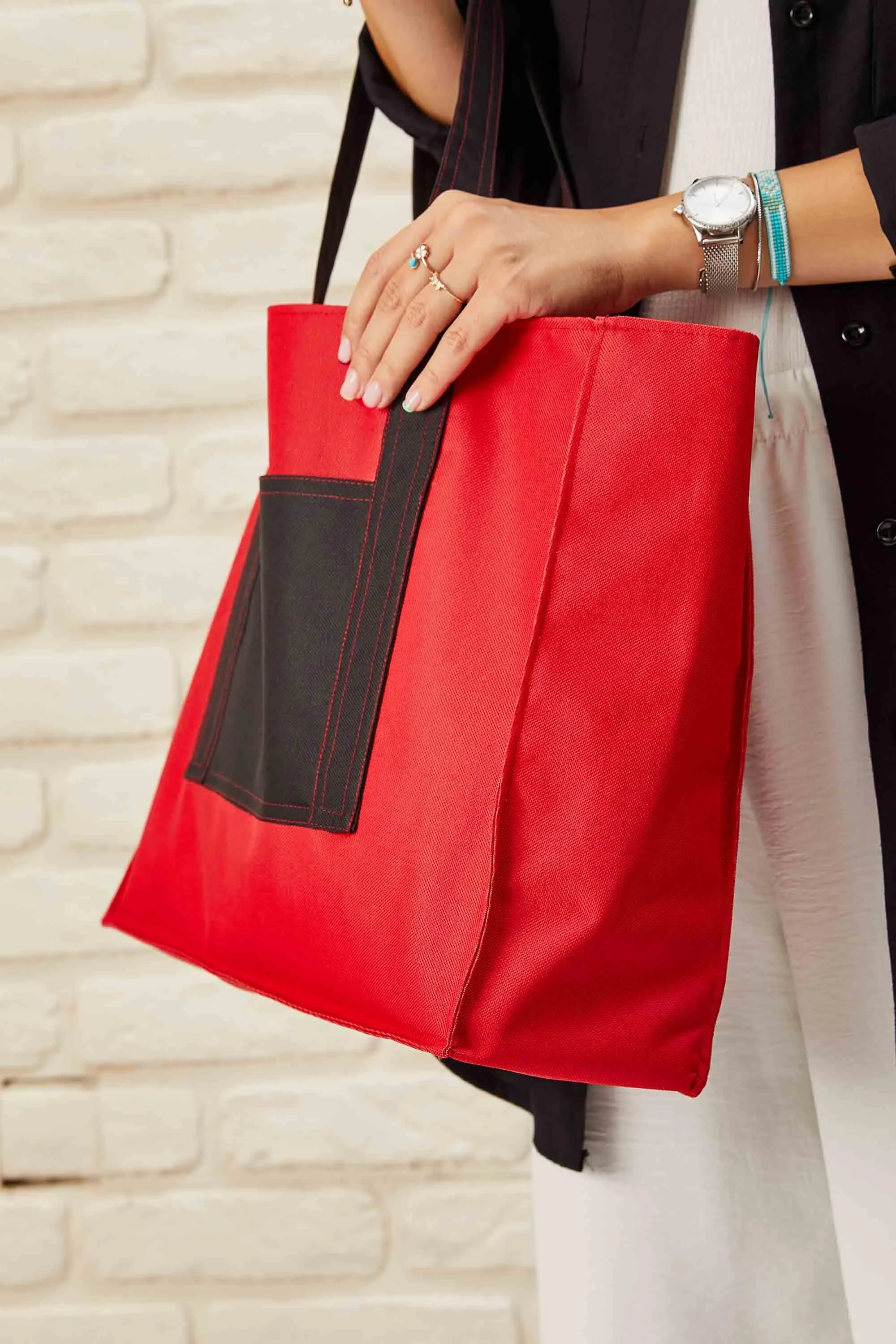 Polyamide Canvas Hand Shoulder Daily Tote Bag with Front Pocket Shopping Bag,C-11
