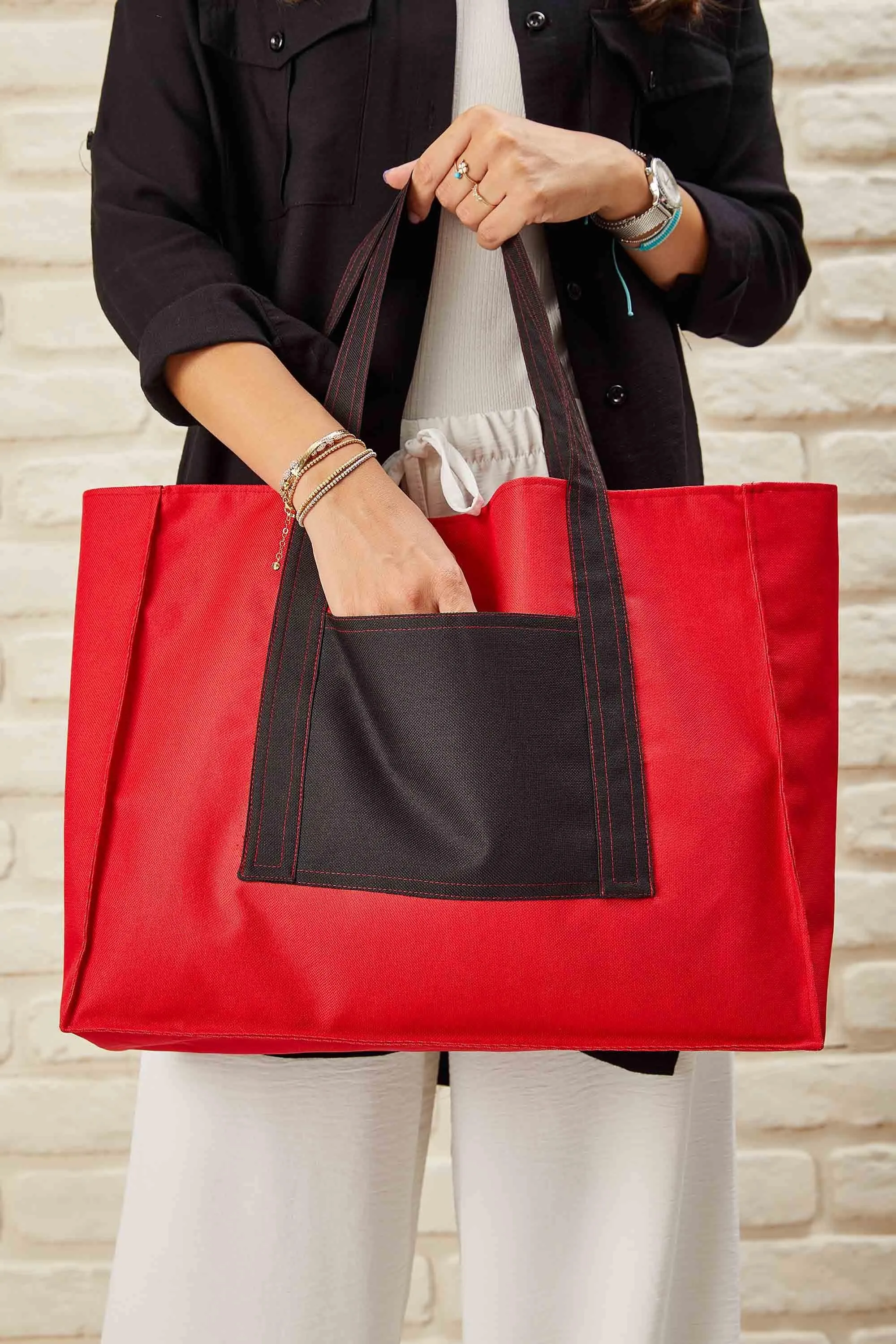 Polyamide Canvas Hand Shoulder Daily Tote Bag with Front Pocket Shopping Bag,C-11