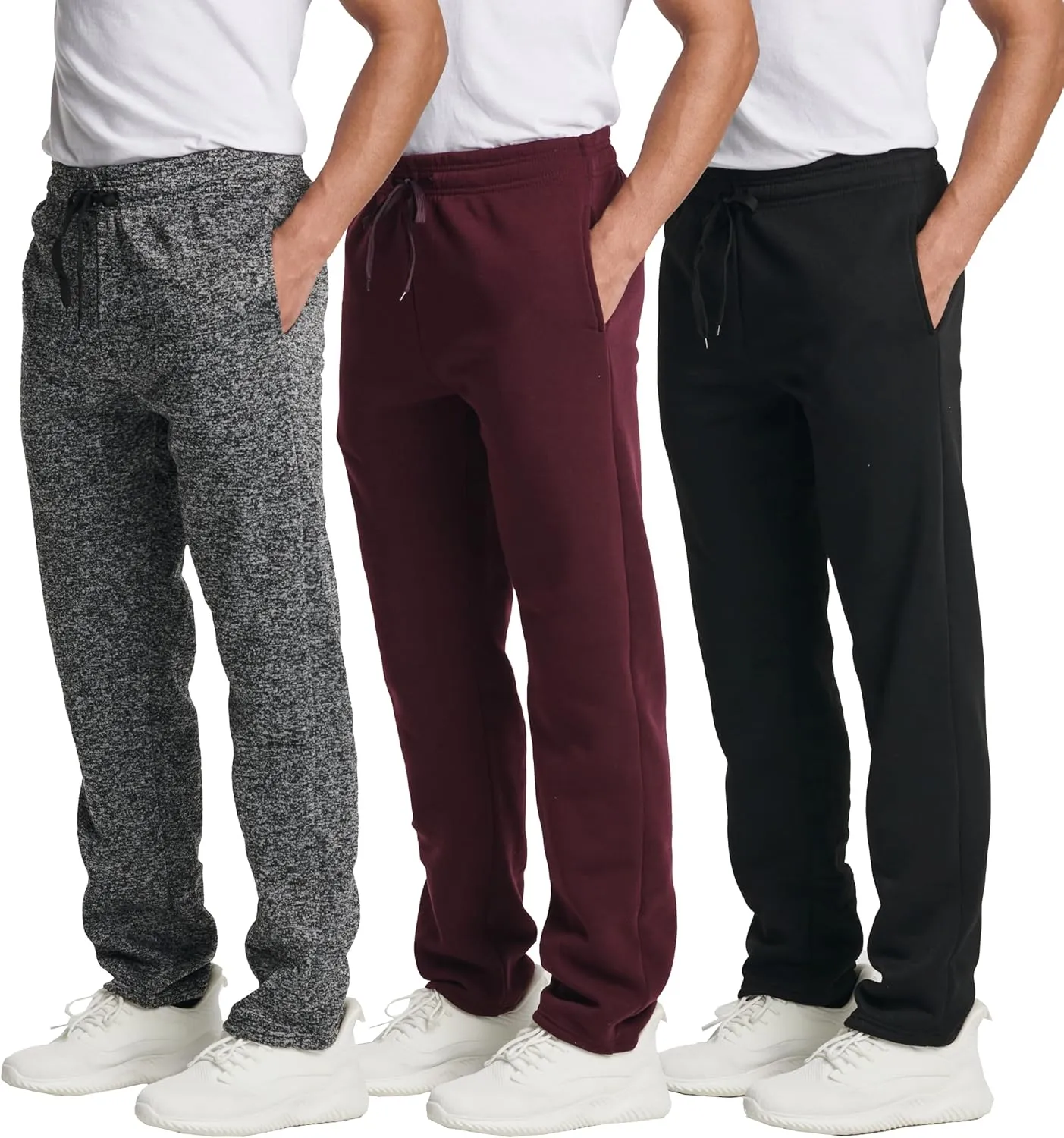 Real Essentials 3 Pack: Men's Tech Fleece Athletic Casual Open Bottom Sweatpants with Pockets (Available in Big & Tall)