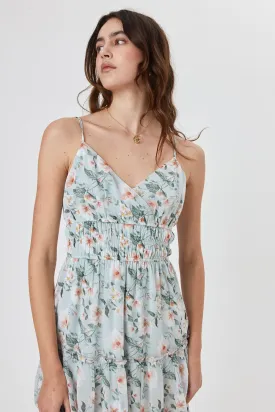 Sage Floral Surplice Tiered Midi Dress