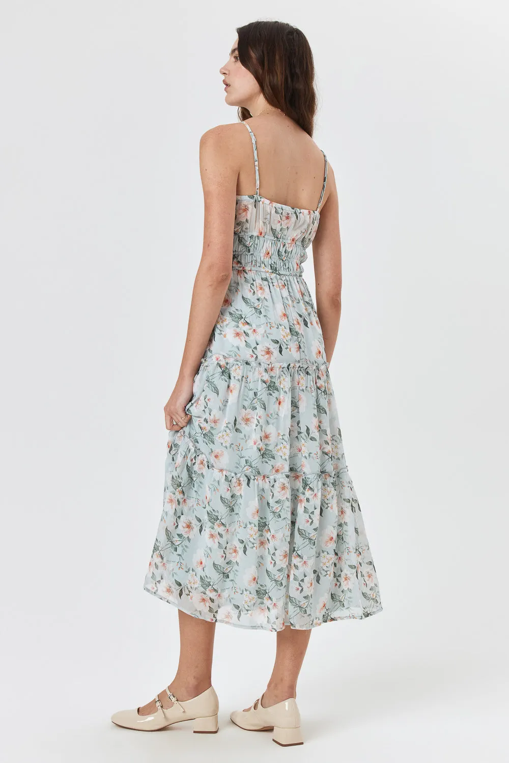 Sage Floral Surplice Tiered Midi Dress