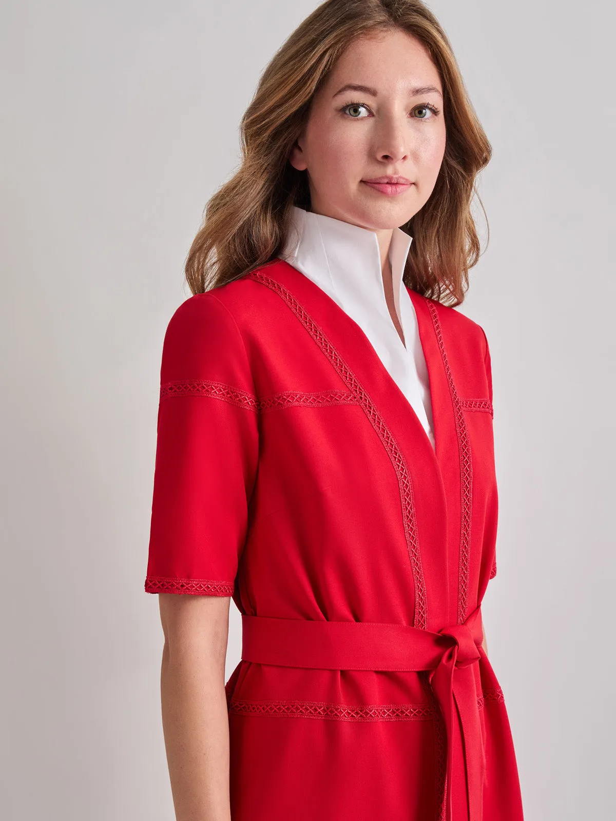 Short Sleeve Belted Stretch Crepe Duster