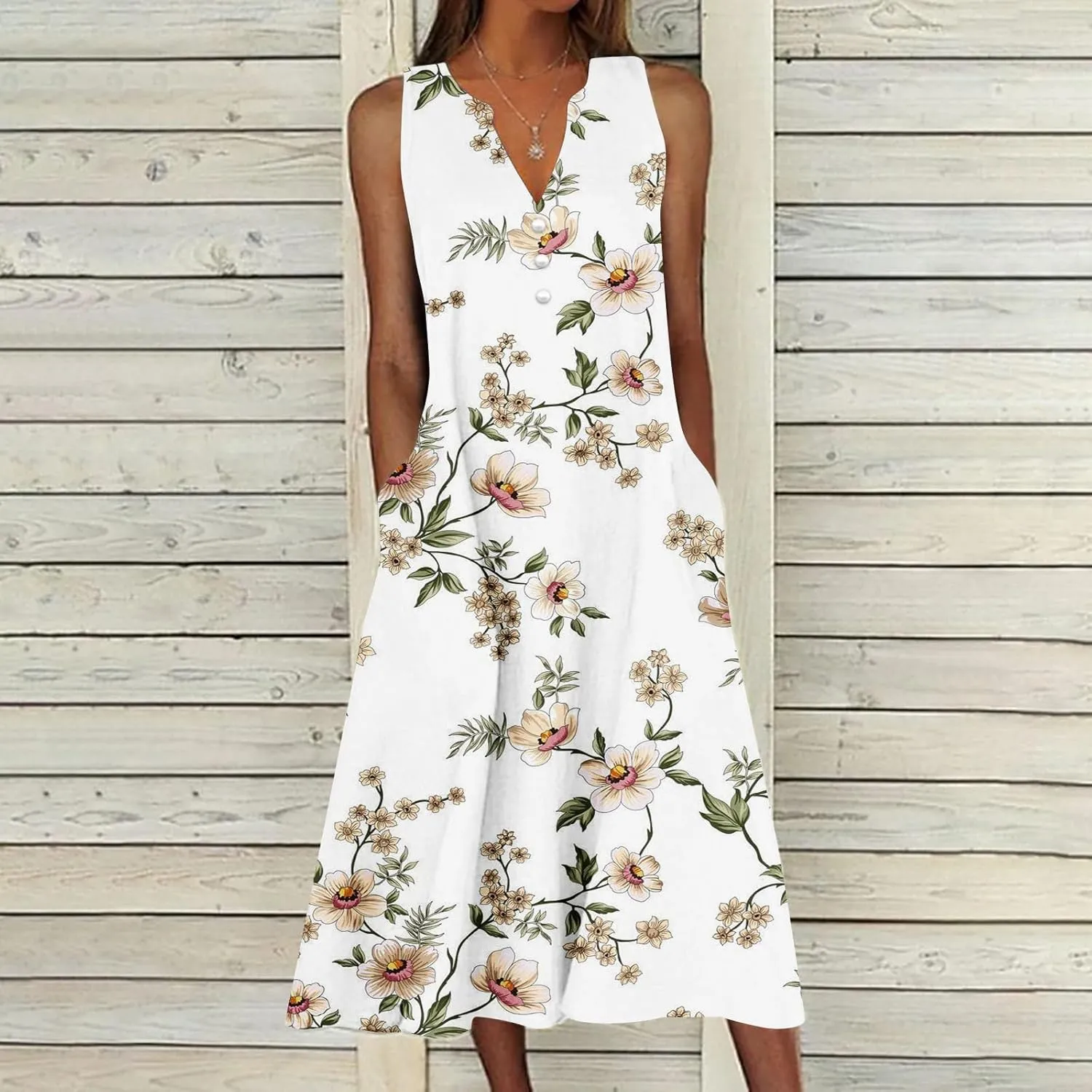 SMIDOW Womens Summer Casual Dress Fashion Floral Printed Elegant Sleeveless V-Neck Long Dress with Pockets
