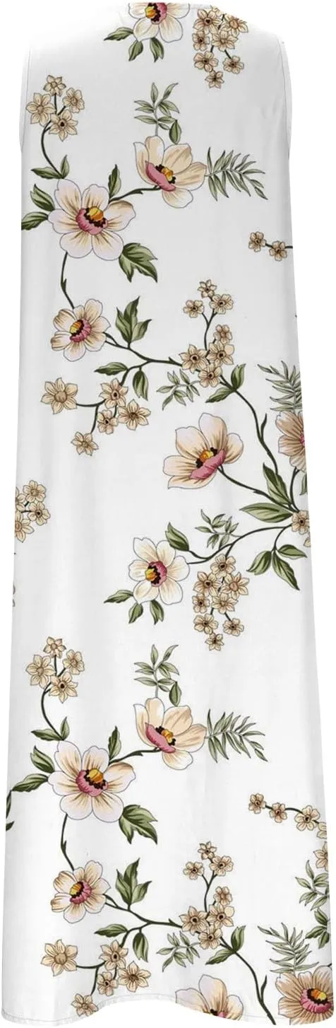 SMIDOW Womens Summer Casual Dress Fashion Floral Printed Elegant Sleeveless V-Neck Long Dress with Pockets