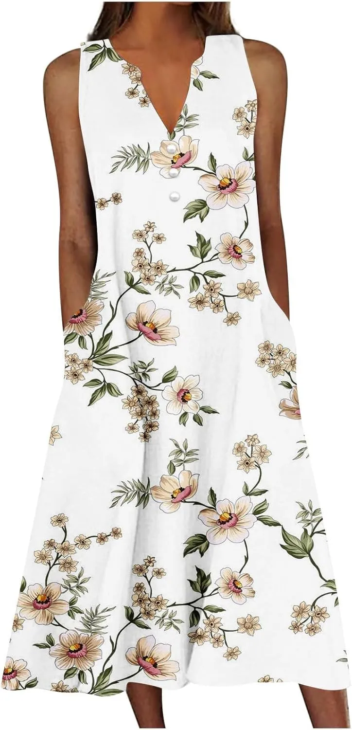 SMIDOW Womens Summer Casual Dress Fashion Floral Printed Elegant Sleeveless V-Neck Long Dress with Pockets