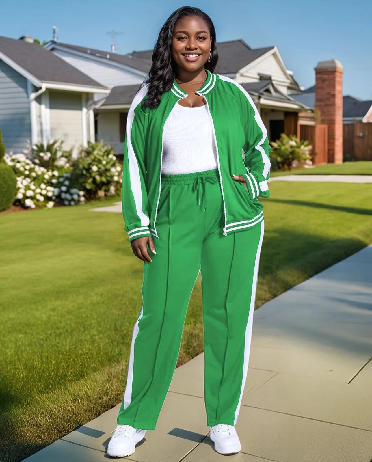 UOUA Plus Size Jogging Suit Sets for Women 2 Piece Sweatsuit Long Sleeve Jacket & Jogger Pants Two Piece Outfits Track Suit Green XL