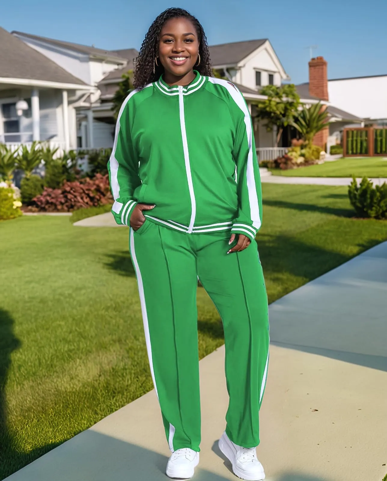 UOUA Plus Size Jogging Suit Sets for Women 2 Piece Sweatsuit Long Sleeve Jacket & Jogger Pants Two Piece Outfits Track Suit Green XL