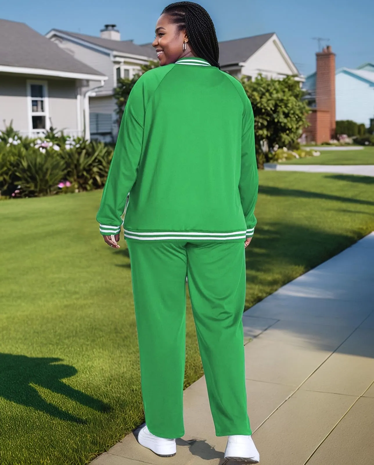 UOUA Plus Size Jogging Suit Sets for Women 2 Piece Sweatsuit Long Sleeve Jacket & Jogger Pants Two Piece Outfits Track Suit Green XL