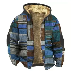 Vintage Men's Zip Up Hoodies Color Block Graphic Print Casual Winter Warm Clothing Sweatshirt Pullover Hooded Jacket Street wear