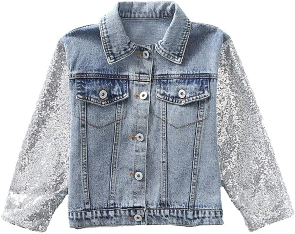 WELAKEN Unicorn Jean Jacket for Girls Kids & Toddler with Sparkly Sleeve, Girls' Spring Outfit Denim Jackets Outerwear
