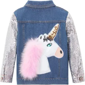 WELAKEN Unicorn Jean Jacket for Girls Kids & Toddler with Sparkly Sleeve, Girls' Spring Outfit Denim Jackets Outerwear