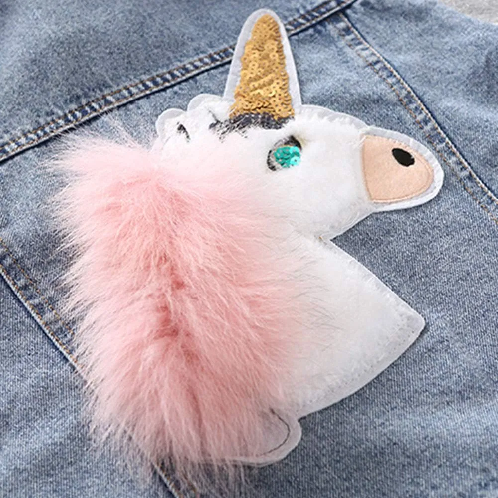 WELAKEN Unicorn Jean Jacket for Girls Kids & Toddler with Sparkly Sleeve, Girls' Spring Outfit Denim Jackets Outerwear