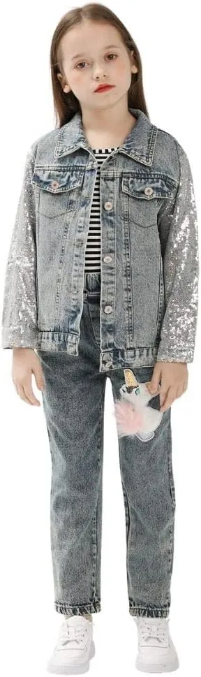 WELAKEN Unicorn Jean Jacket for Girls Kids & Toddler with Sparkly Sleeve, Girls' Spring Outfit Denim Jackets Outerwear