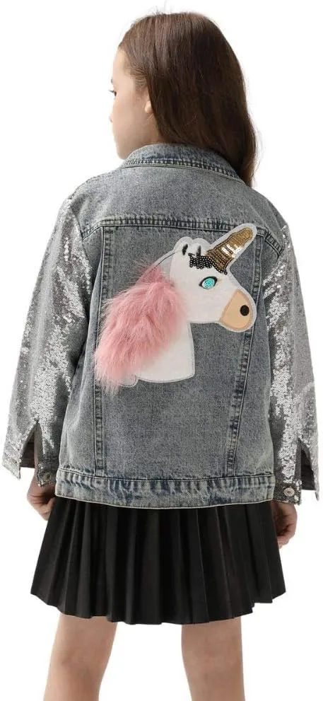 WELAKEN Unicorn Jean Jacket for Girls Kids & Toddler with Sparkly Sleeve, Girls' Spring Outfit Denim Jackets Outerwear