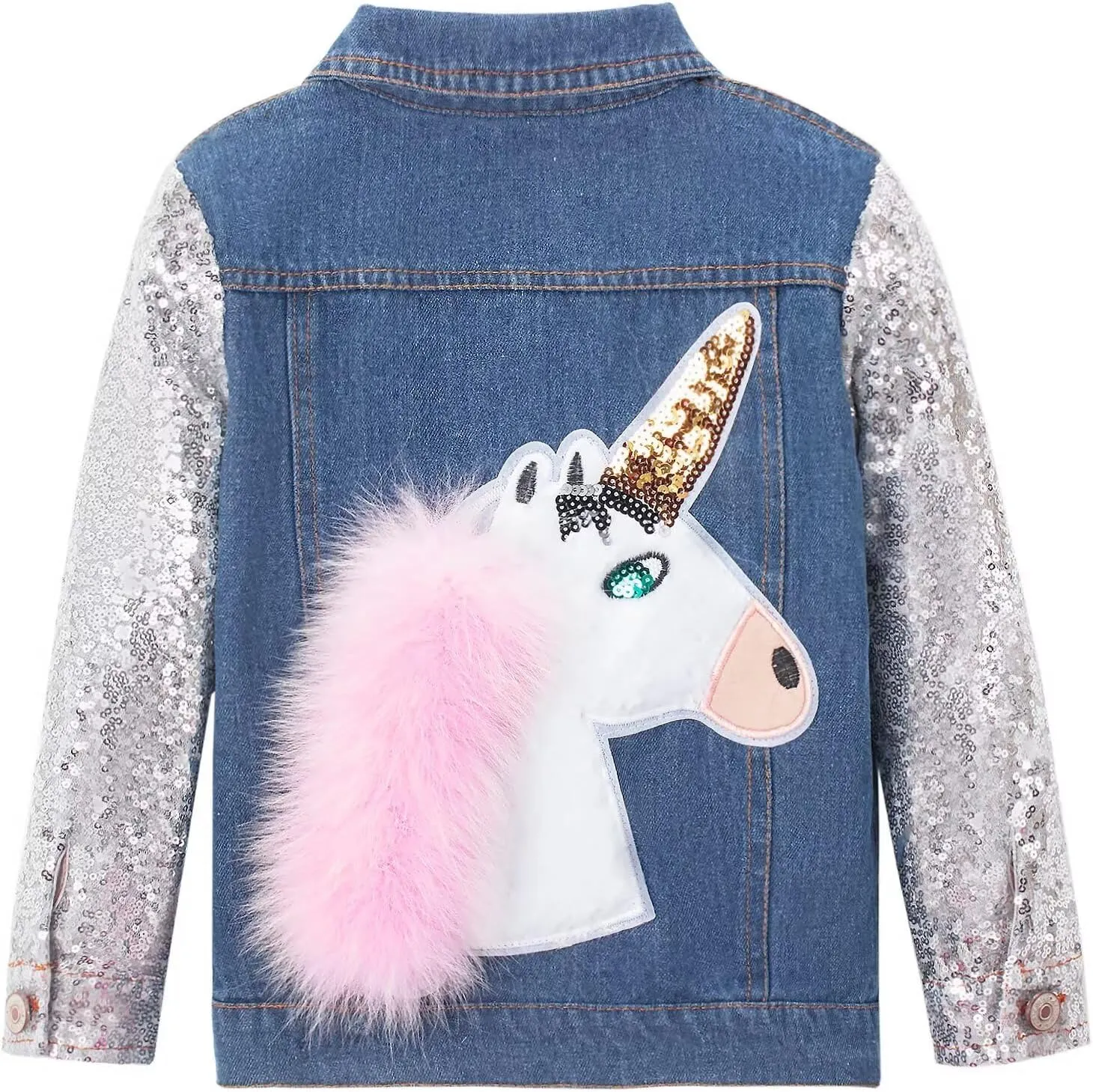 WELAKEN Unicorn Jean Jacket for Girls Kids & Toddler with Sparkly Sleeve, Girls' Spring Outfit Denim Jackets Outerwear
