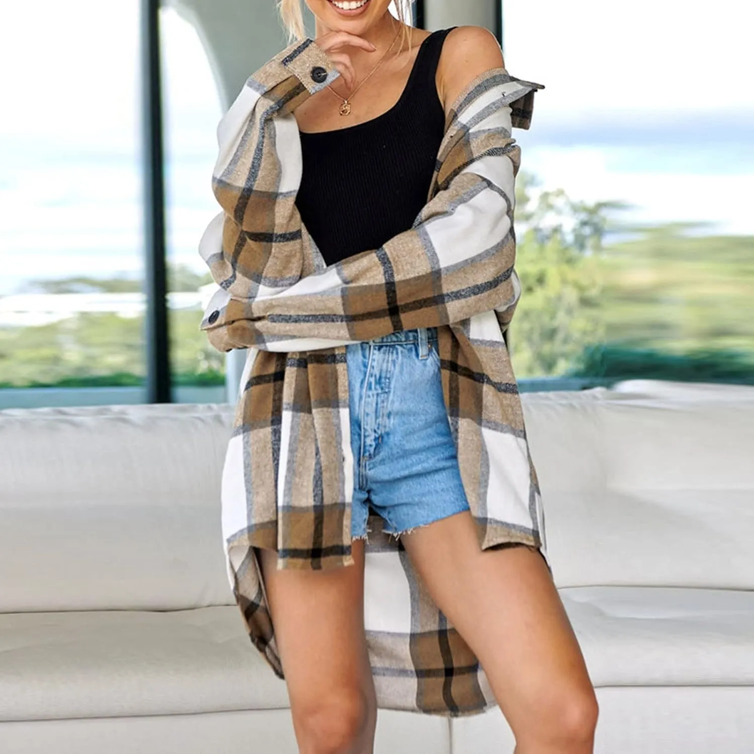 Women's Button Down Flannel Shirts Plaid Shacket Long Sleeve Buffalo Plaid Collared Long Jacket Cardigan Coats
