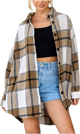 Women's Button Down Flannel Shirts Plaid Shacket Long Sleeve Buffalo Plaid Collared Long Jacket Cardigan Coats