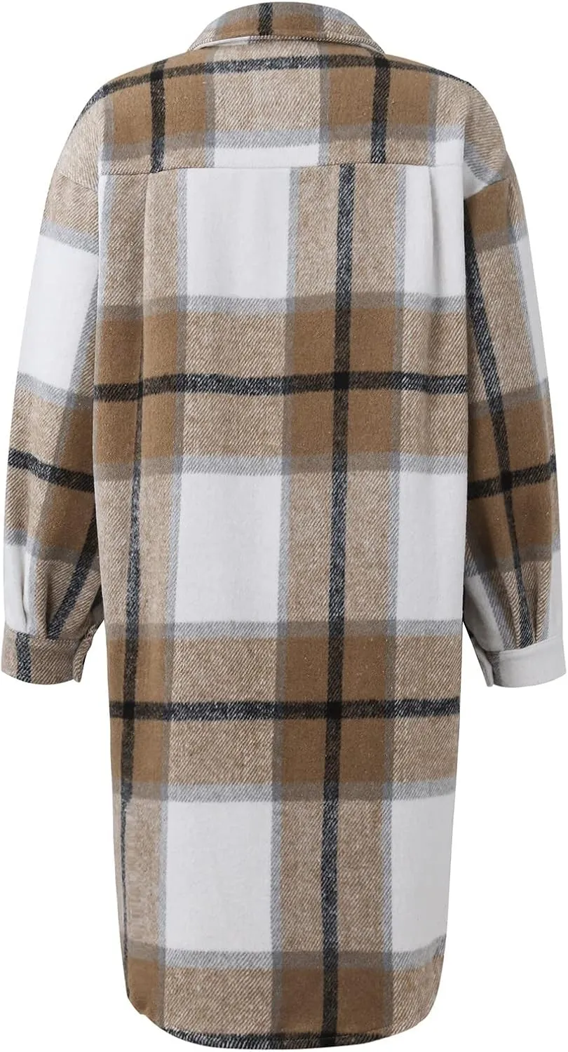 Women's Button Down Flannel Shirts Plaid Shacket Long Sleeve Buffalo Plaid Collared Long Jacket Cardigan Coats